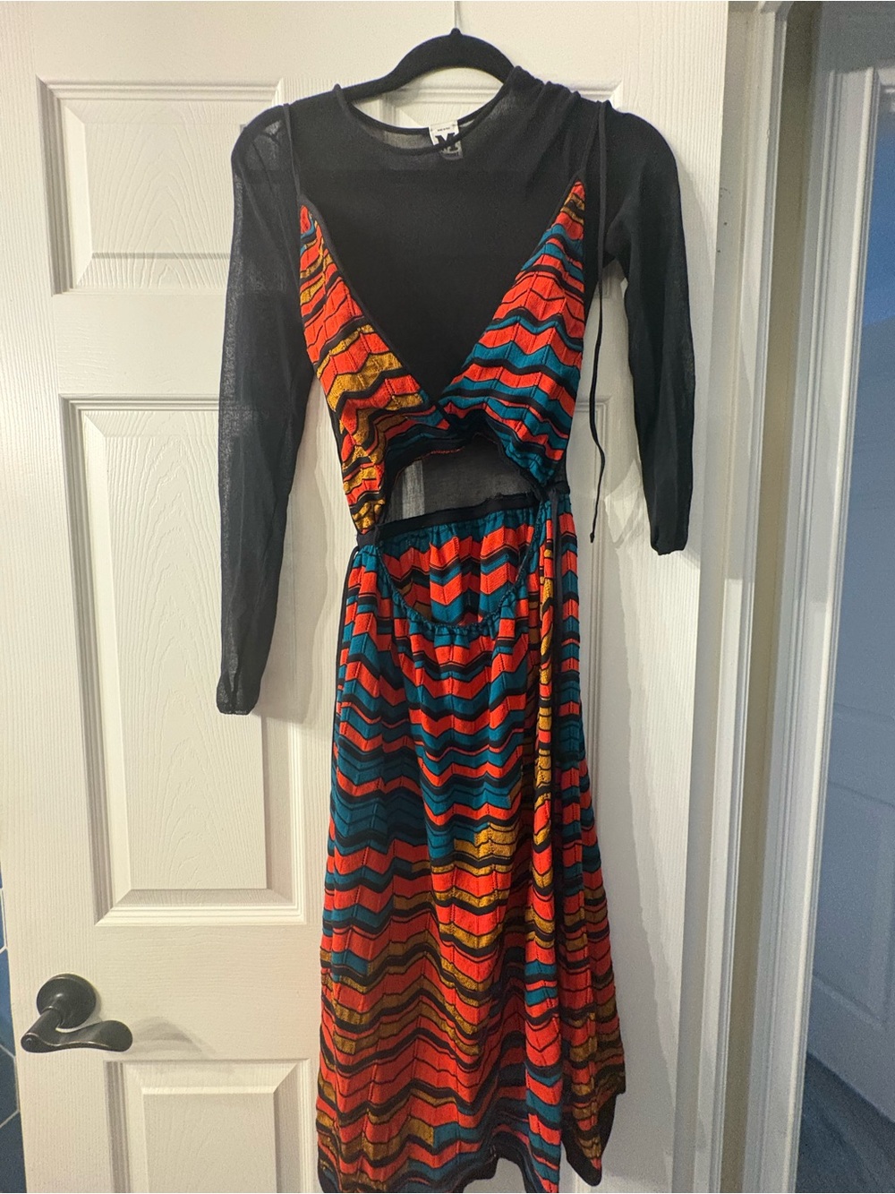 Missoni Black Mesh Long-Sleeve Dress with Red, Teal & Yellow Chevron Maxi